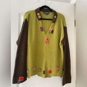 Women's Green and Brown Sweater with Colorful Accents
